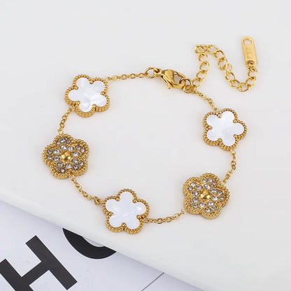 Silver Color New Design Plant Five Leaf Flower Bracelet Single Sided Plum Blossom Stainless Steel Jewelry Women'S Clover