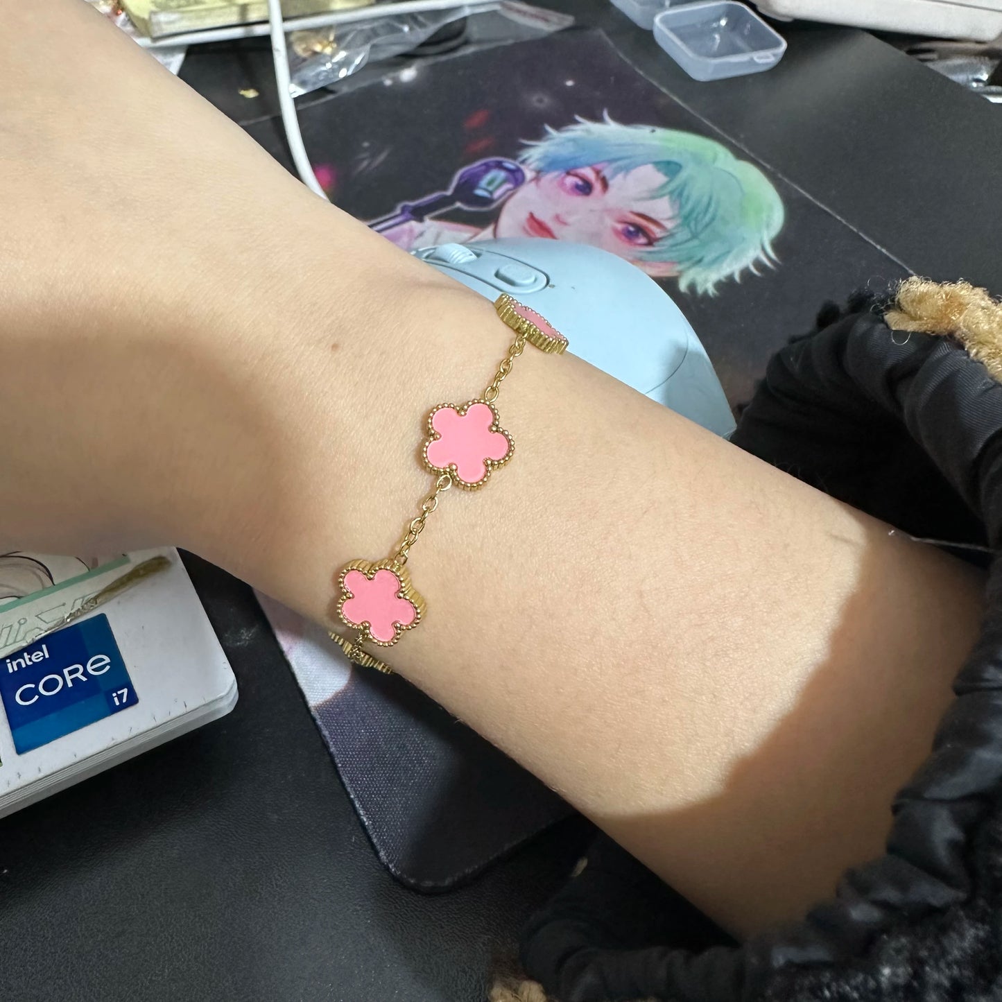 Silver Color New Design Plant Five Leaf Flower Bracelet Single Sided Plum Blossom Stainless Steel Jewelry Women'S Clover